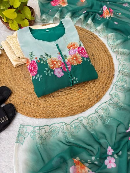 Irresistible Teal Green Fox Georgette Gown with Dupatta and Pant for Party Wear Anarkali Kurtis 