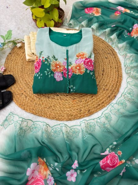 Irresistible Teal Green Fox Georgette Gown with Dupatta and Pant for Party Wear Anarkali Kurtis 
