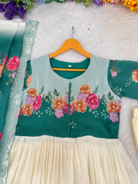 Irresistible Teal Green Fox Georgette Gown with Dupatta and Pant for Party Wear Anarkali Kurtis 