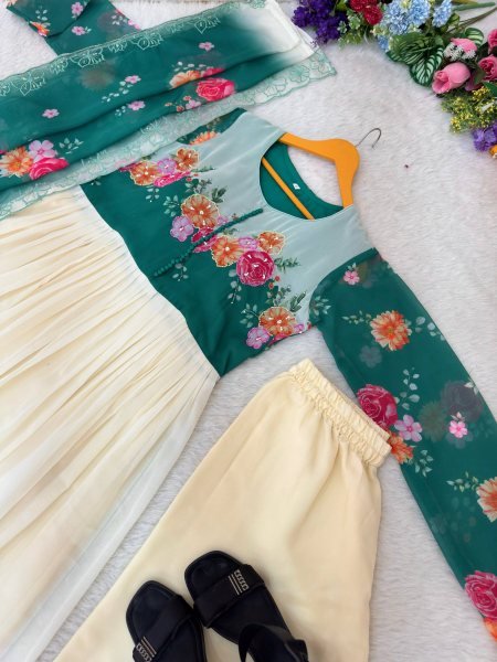 Irresistible Teal Green Fox Georgette Gown with Dupatta and Pant for Party Wear Anarkali Kurtis 