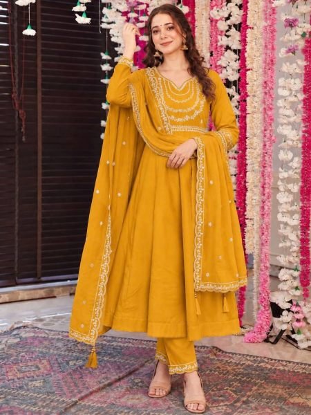 Irresistible Yellow Party Wear Roman Silk Anarkali Suit with Heavy Embroidery Work 