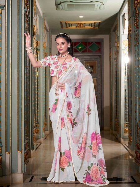 Pearl White Georgette Saree with Blush Floral Prints Festive-Ready Elegance Georgette Sarees Wholesale