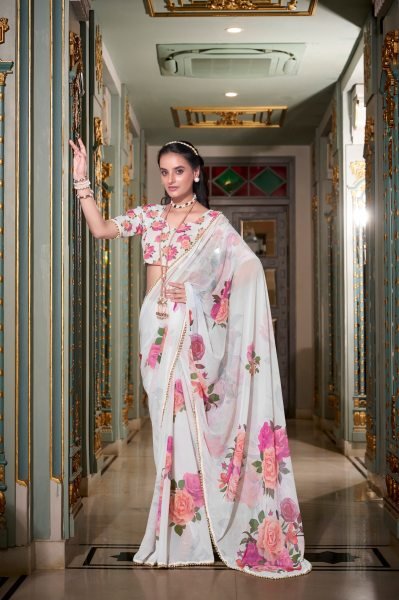 Pearl White Georgette Saree with Blush Floral Prints Festive-Ready Elegance Georgette Sarees Wholesale
