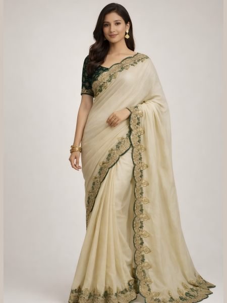 Ivory Cream Rangoli Silk Saree with Zari and Sequin Embroidery For Festival Wear Sarees 