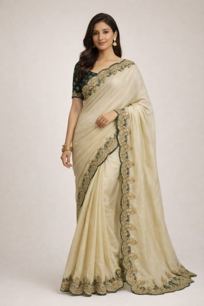 Ivory Cream Rangoli Silk Saree with Zari and Sequin Embroidery For Festival Wear Silk Sarees Wholesale
