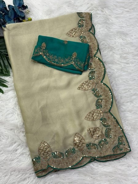 Ivory Cream Rangoli Silk Saree with Zari and Sequin Embroidery For Festival Wear Silk Sarees Wholesale
