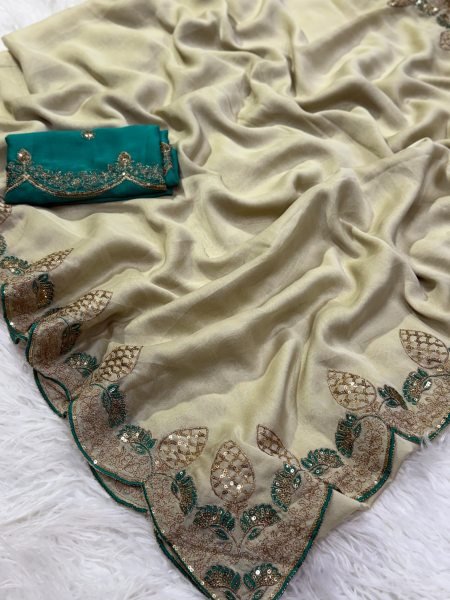 Ivory Cream Rangoli Silk Saree with Zari and Sequin Embroidery For Festival Wear Silk Sarees Wholesale