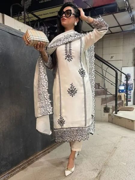 Ivory Elegance White Georgette Chain Work Suit with Crepe Pant & Dupatta 3Pc Set Kurtis