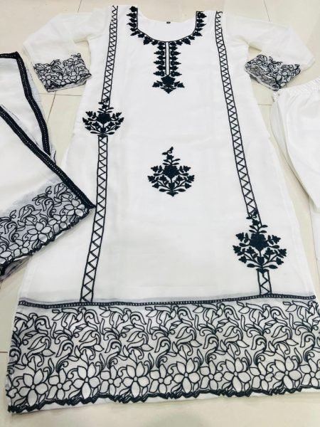 Ivory Elegance White Georgette Chain Work Suit with Crepe Pant & Dupatta 3Pc Set Georgette Kurti 