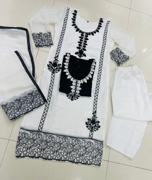 Ivory Elegance White Georgette Chain Work Suit with Crepe Pant & Dupatta 3Pc Set Georgette Kurti 