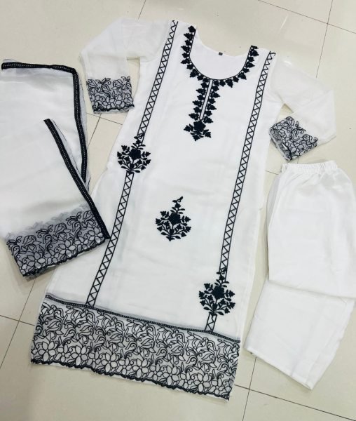 Ivory Elegance White Georgette Chain Work Suit with Crepe Pant & Dupatta 3Pc Set Georgette Kurti 