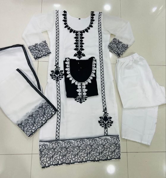 Ivory Elegance White Georgette Chain Work Suit with Crepe Pant & Dupatta 3Pc Set Georgette Kurti 