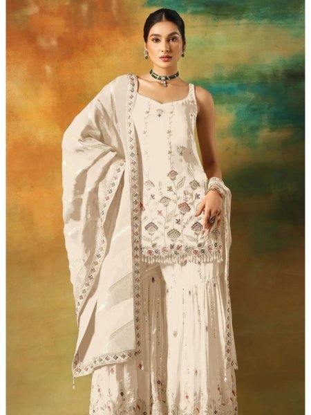 Ivory Faux Georgette Zarkhan Embroidered Sharara Suit for Wedding Functions Salwar Kameez