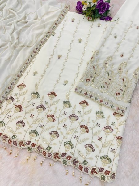 Ivory Faux Georgette Zarkhan Embroidered Sharara Suit for Wedding Functions Designer Plazzo Salwar Suits Wholesale