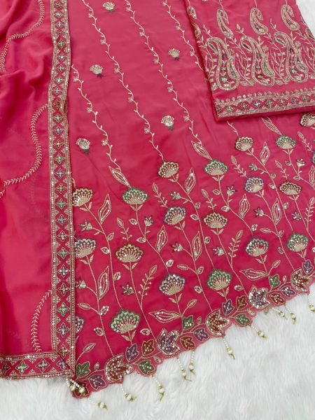Rose Pink Faux Georgette Zari Embroidered Palazzo Suit at Wholesale Rate Designer Plazzo Salwar Suits Wholesale