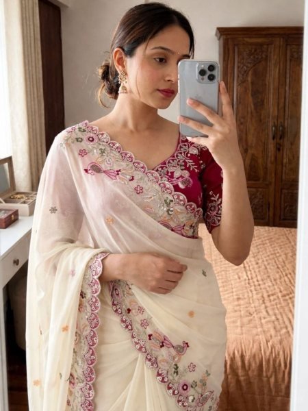 Ivory Floral Threadwork Saree with Heavily Embroidered Maroon Silk Blouse