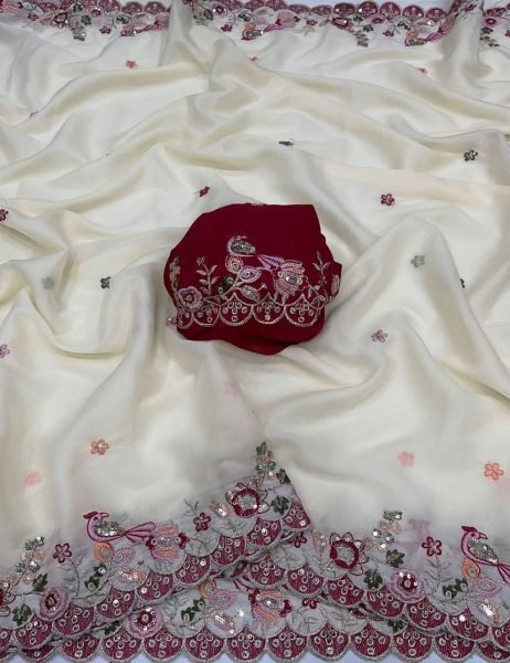 Ivory Floral Threadwork Saree with Heavily Embroidered Maroon Silk Blouse Embroidery Sarees Wholesale