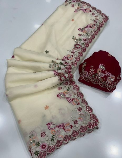Ivory Floral Threadwork Saree with Heavily Embroidered Maroon Silk Blouse Embroidery Sarees Wholesale