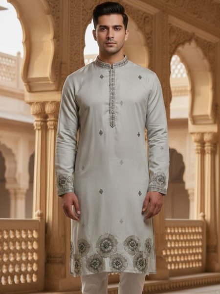 Ivory Grey Pure Silk Men's Kurta with Multicolour Thread and Sequins Embroidery Work 