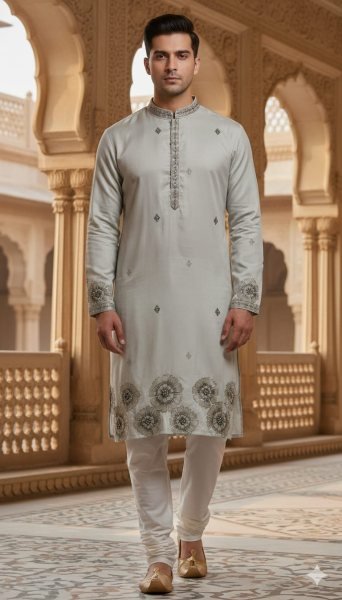 Ivory Grey Pure Silk Men's Kurta with Multicolour Thread and Sequins Embroidery Work Kurta Pajama Wholesale