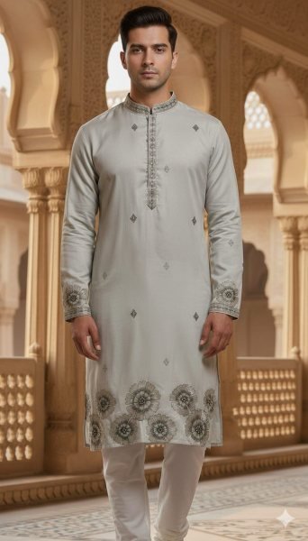 Ivory Grey Pure Silk Men's Kurta with Multicolour Thread and Sequins Embroidery Work Kurta Pajama Wholesale