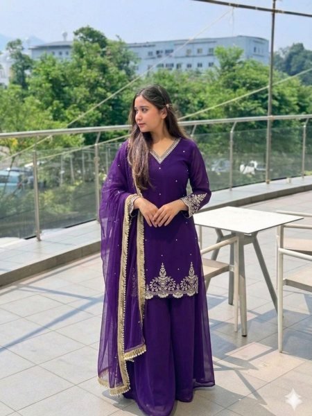 Ivory Purple Georgette Embroidered Sharara Set with Sequence & Thread Work  Ready To Wear Suit