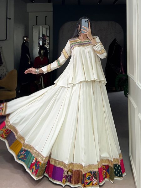 Ivory Rayon Multi Patch Work Gota Patti Navratri Lehenga Perfect for Garba   Lehenga