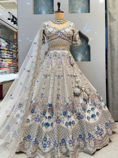 White and Blue Mono Satin Silk Cut Work Sequins Lehenga Perfect for Bridesmaids  Lehenga