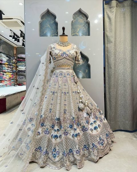 White and Blue Mono Satin Silk Cut Work Sequins Lehenga Perfect for Bridesmaids Designer Lehenga Choli