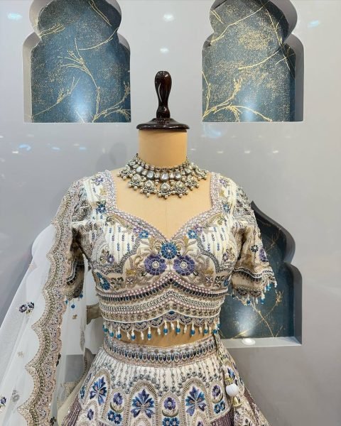 White and Blue Mono Satin Silk Cut Work Sequins Lehenga Perfect for Bridesmaids Designer Lehenga Choli