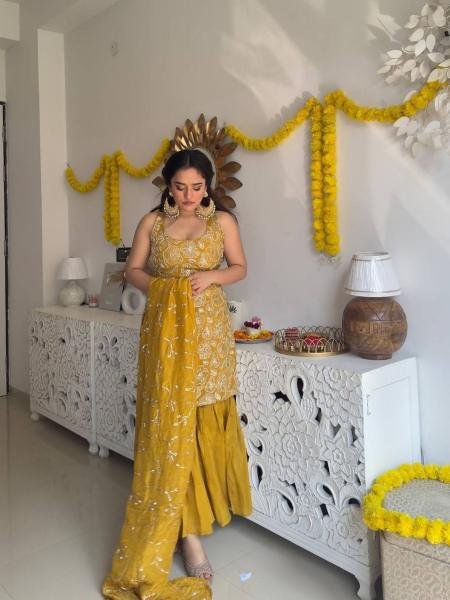 Ivory Simmer Silk Embroidered And Sequence Sharara Suit Set with Dupatta for Party Wear 