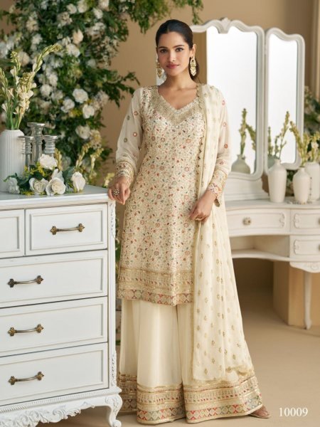 Ivory Spark Georgette Suit Set Crystal Work Palazzo Style for Graceful Occasions Salwar Kameez