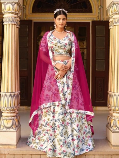 Ivory White and Pink Floral Crushed Silk Lehenga with Wine Net Dupatta   Lehenga