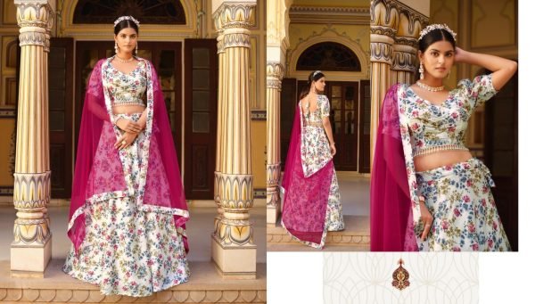 Ivory White and Pink Floral Crushed Silk Lehenga with Wine Net Dupatta  Designer Lehenga Choli