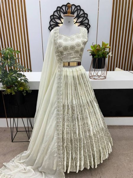 Ivory White Chinnon Lehenga Choli with Detailed Embroidery Chic Fusion Wear