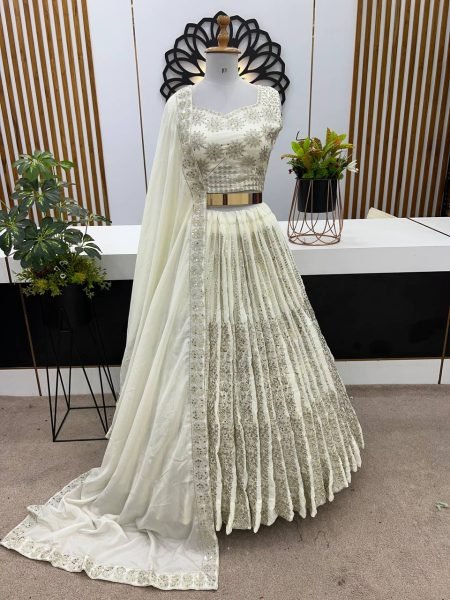 Ivory White Chinnon Lehenga Choli with Detailed Embroidery Chic Fusion Wear Designer Lehenga Choli