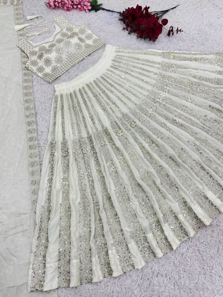 Ivory White Chinnon Lehenga Choli with Detailed Embroidery Chic Fusion Wear Designer Lehenga Choli