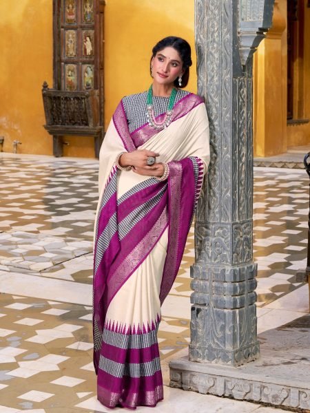 Ivory White Poly Cotton Saree with Purple Border and Zari Weaving Festive Look Sarees 