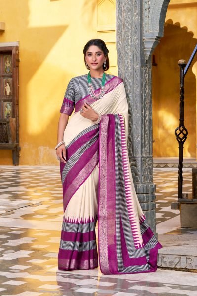 Ivory White Poly Cotton Saree with Purple Border and Zari Weaving Festive Look Cotton Sarees Wholesale