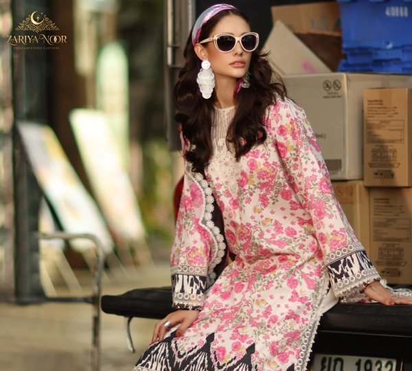 Ivory Zaria Noor Najakat Pakistani Lawn Suit Collection with Premium Printed Lawn Fabric Pakistani Suits Wholesale