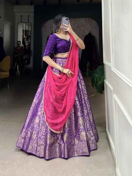  Jacquard Silk half saree Lehenga with Zari Weaving   Embroidered Dupatta Half Saree Lehenga