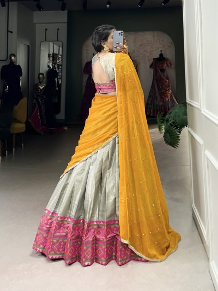 Jacquard Silk Saree Lehenga with Kanjivaram Weaving, Unstitched Blouse & Embellished Georgette Dupatta Half Saree Lehenga