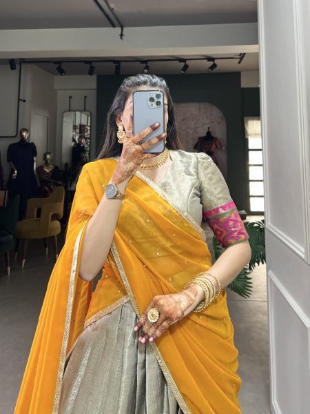 Jacquard Silk Saree Lehenga with Kanjivaram Weaving, Unstitched Blouse & Embellished Georgette Dupatta Half Saree Lehenga