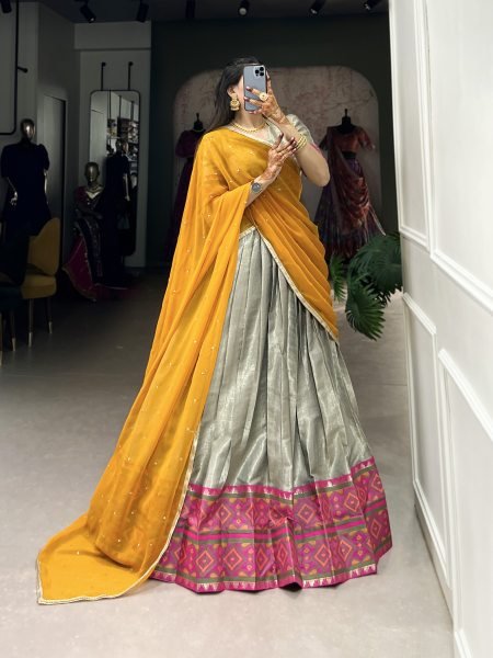 Jacquard Silk Saree Lehenga with Kanjivaram Weaving, Unstitched Blouse & Embellished Georgette Dupatta Half Saree Lehenga