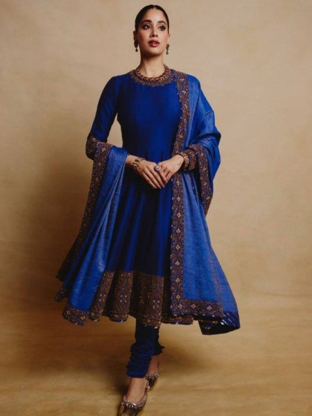 Janhvi Kapoor Wearing a Royal Blue Embroidered Anarkali Suit for Events 