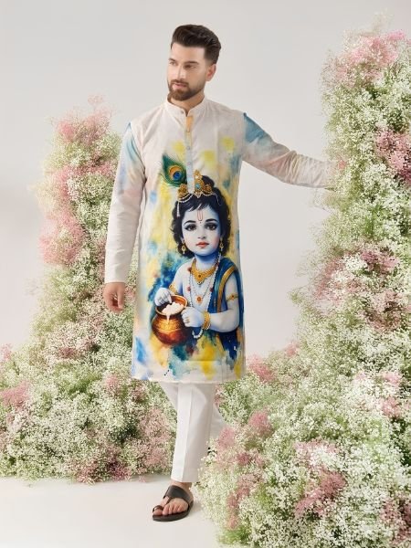 Janmashtami Special Men’s Cotton Kurta with Digital Print and Crochet Work 