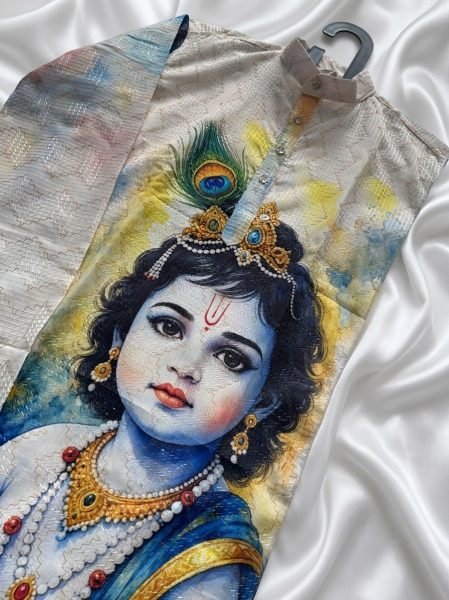 Janmashtami Special Men’s Cotton Kurta with Digital Print and Crochet Work Kurta Pajama Wholesale