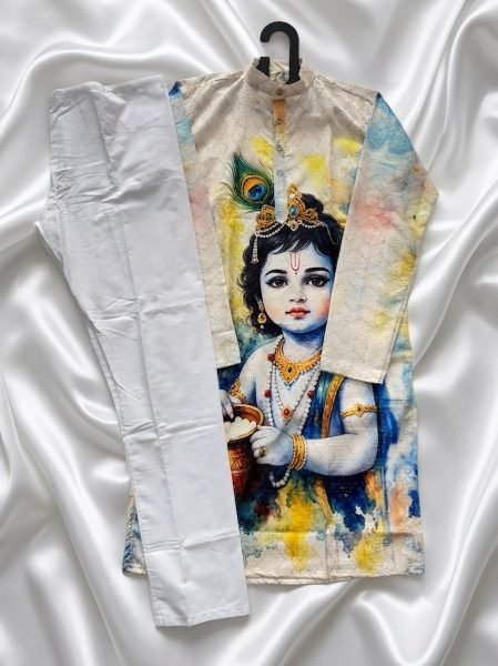 Janmashtami Special Men’s Cotton Kurta with Digital Print and Crochet Work Kurta Pajama Wholesale