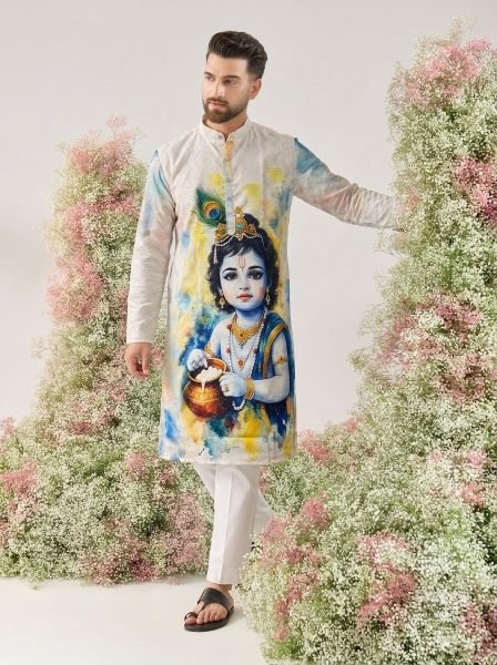 Janmashtami Special Men’s Cotton Kurta with Digital Print and Crochet Work Kurta Pajama Wholesale