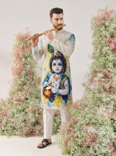 Janmashtami Special Men’s Cotton Kurta with Digital Print and Crochet Work Kurta Pajama Wholesale